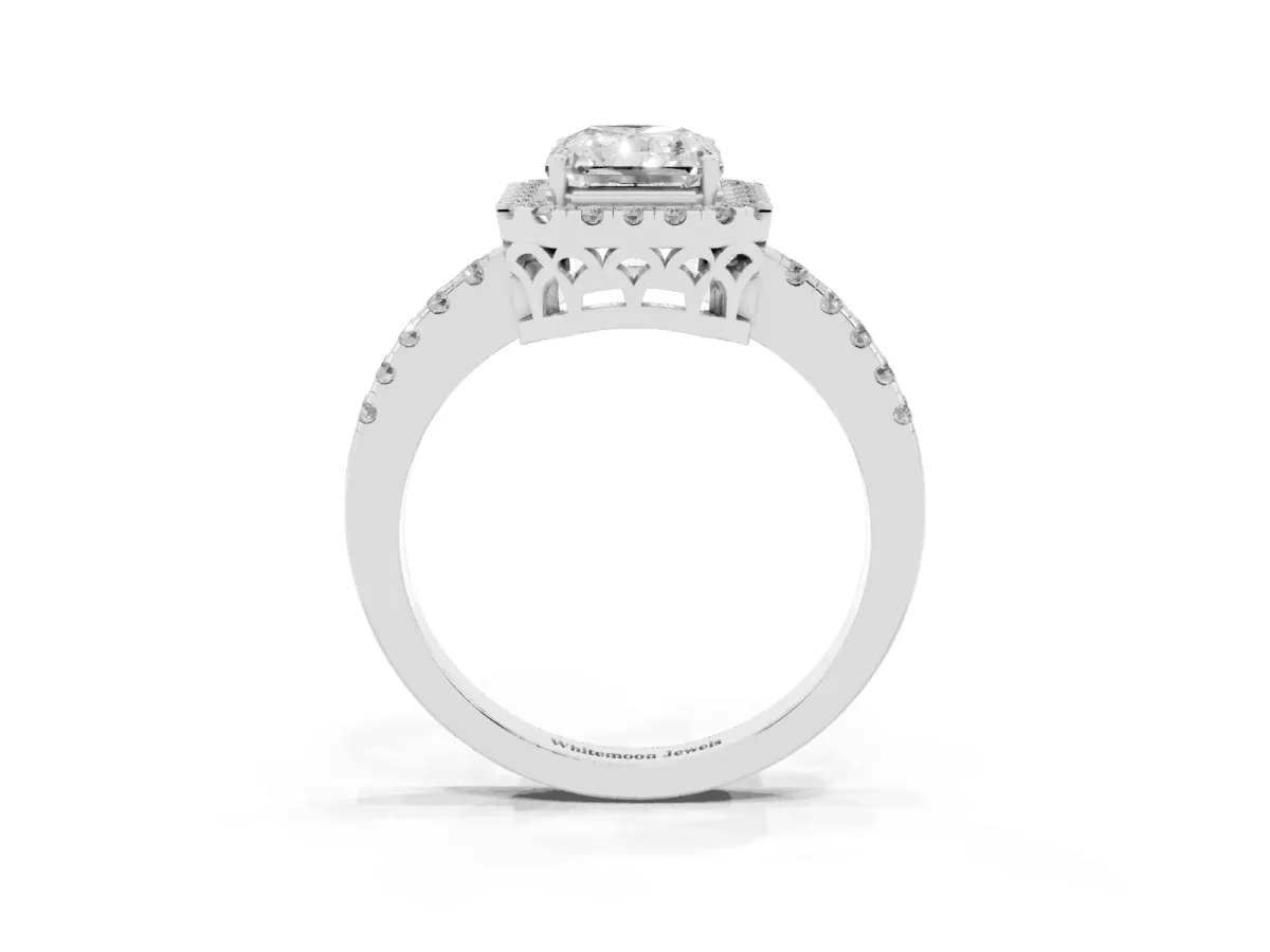 Radiant Cut Halo Diamond Engagement Ring with Pavé Band and Four-Prong Setting Silver
