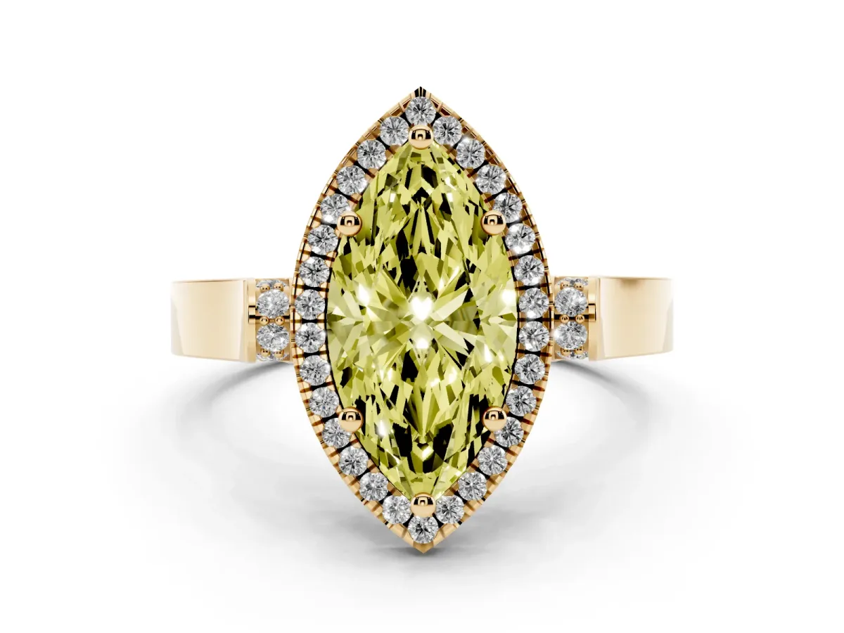 Fancy Yellow Marquise Cut Halo Round Diamond Twist Band with Four-Prong Setting Yellow gold