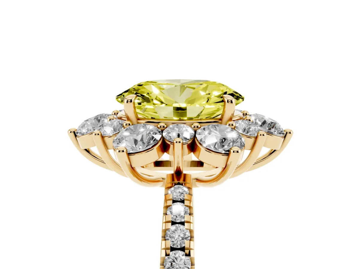 Fancy Yellow Oval Cut Diamond Floral Halo Ring with Round Pavé Band and Prong Setting Yellow gold