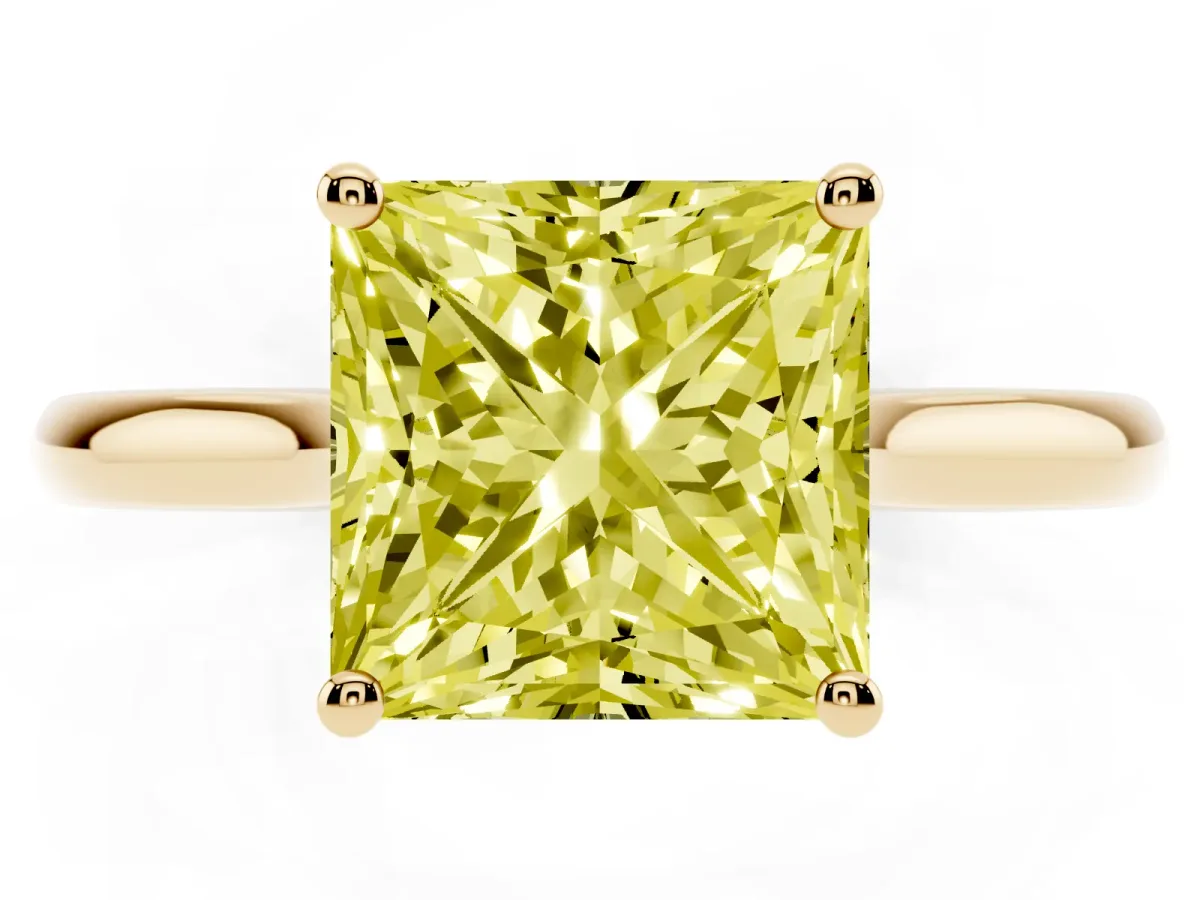 Fancy Yellow Princess Cut Cut Solitaire Ring with Cathedral Band and Four-Prong Setting Yellow gold