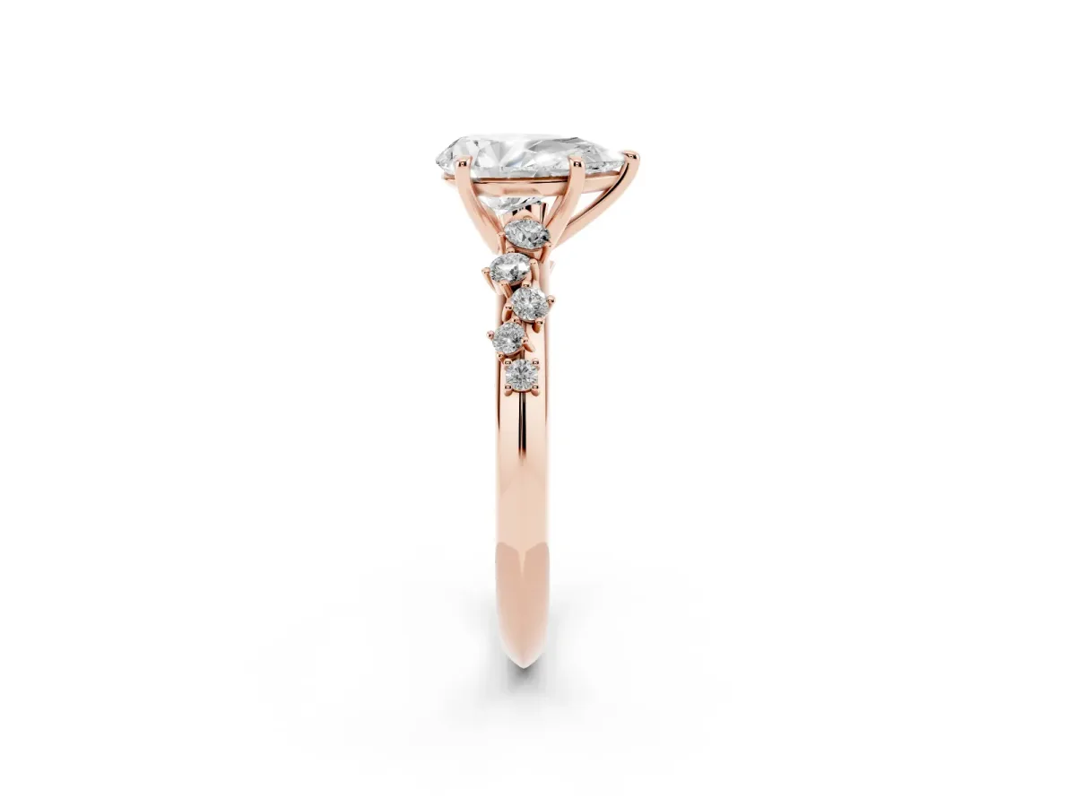 Pear Cut Diamond Cluster Side Stone Solitaire Ring with Prong Setting Rose gold