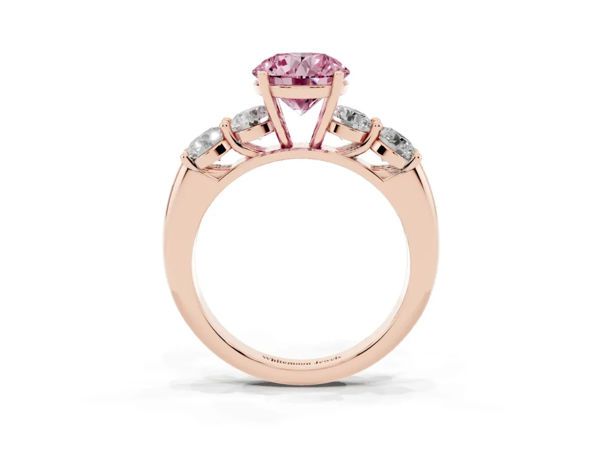 Fancy Pink Round Cut Cut Five-Stone Prong Set Diamond Ring with Classic Band Rose gold