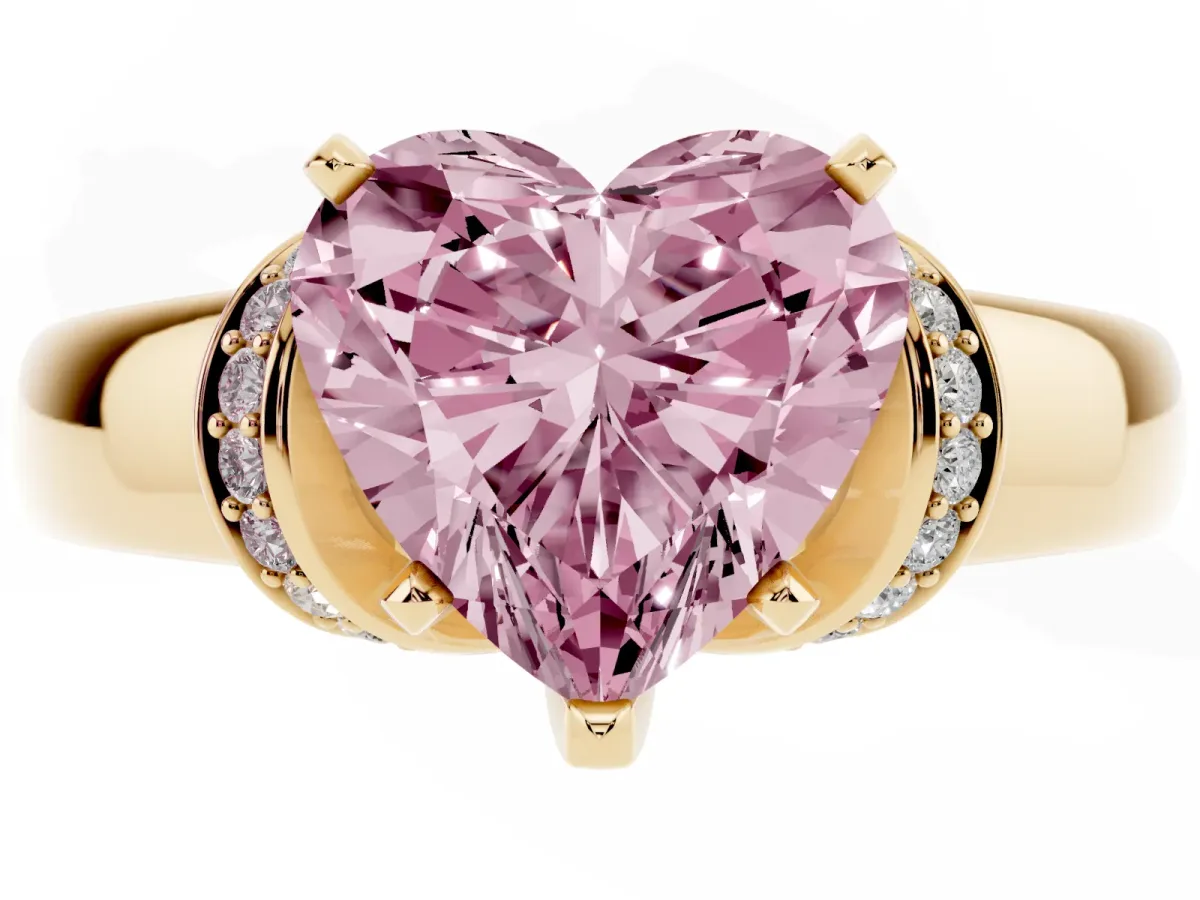 Fancy Pink Heart Cut Solitaire Diamond Ring with Pave Band and Six-Prong Setting Yellow gold