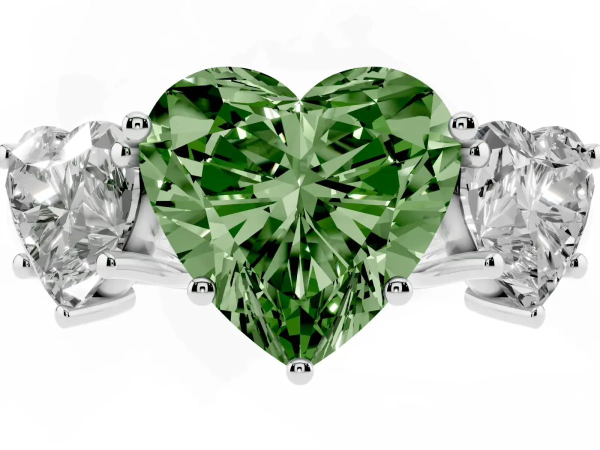 Fancy Green Three-Stone Heart Cut Diamond Engagement Ring with Prong Setting Platinum