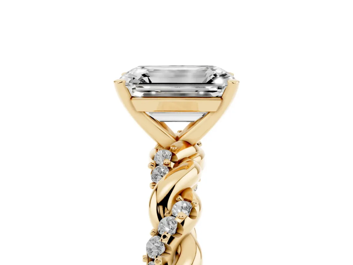 Emerald Cut Diamond Solitaire Ring with Twisted Band and Pavé Accents Yellow gold