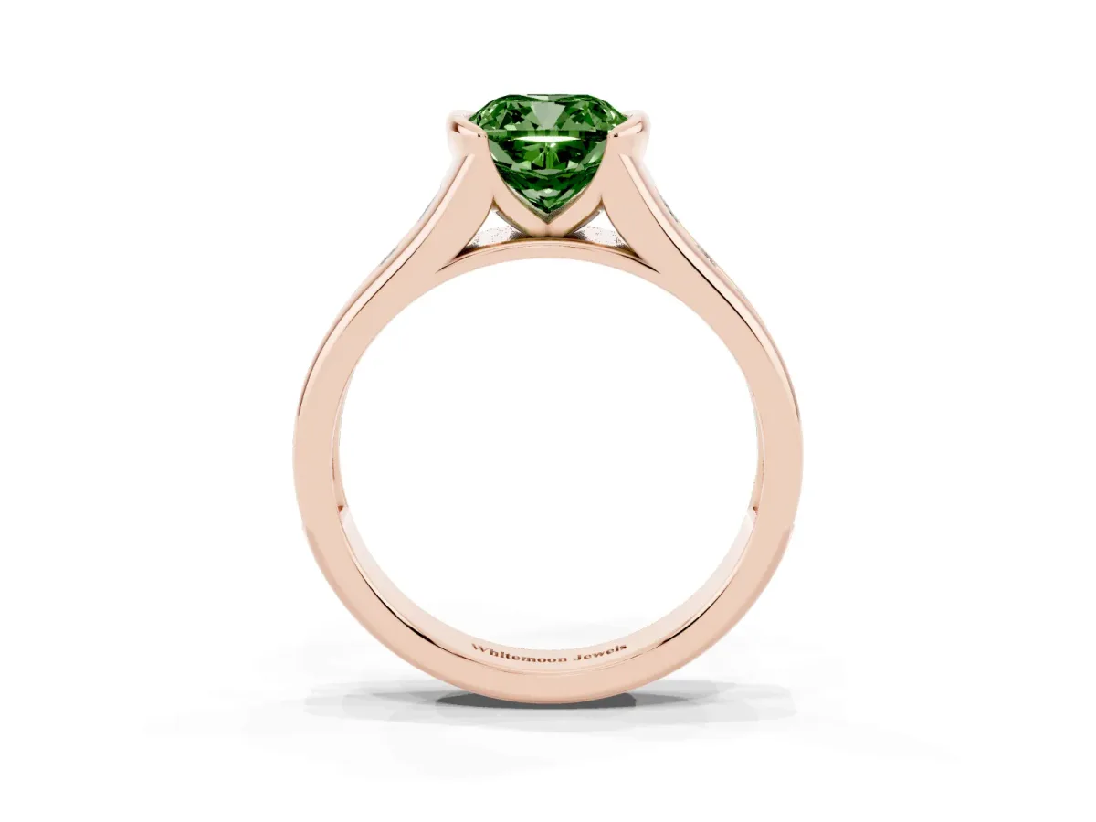 Fancy Green Cushion Cut Solitaire Bezel-Set Diamond Ring with Channel-Set Band Rose gold