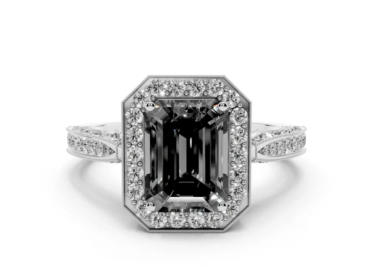 Fancy Black Emerald Cut Halo Diamond Engagement Ring with Split Shank Band and Four-Prong Setting Silver