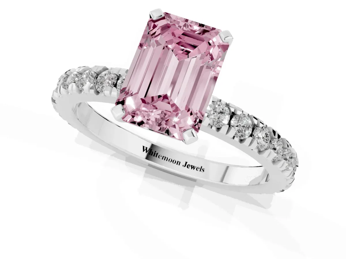 Fancy Pink Emerald Cut Diamond Pavé Band Solitaire with Four-Prong Setting Silver