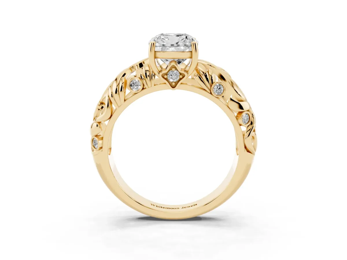 Cushion Cut Solitaire Diamond Leaf-Inspired Vine Band Ring with Prong Setting Yellow gold