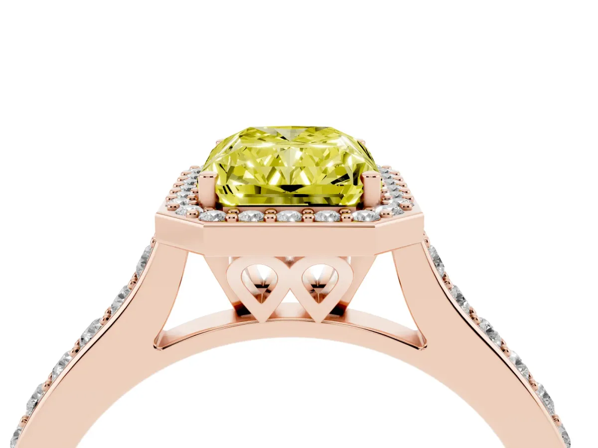 Fancy Yellow Radiant Cut Diamond Halo Engagement Ring with Round Pavé Shoulders and Prong Setting Rose gold