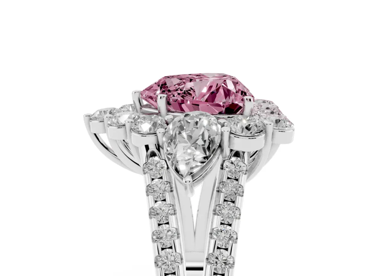 Fancy Pink Heart Cut Halo Split Shank Diamond Engagement Ring with Prong Setting Silver