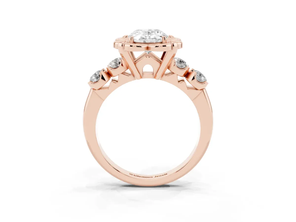 Oval Cut Cut Diamond Floral Halo Engagement Ring with Shared Prong Setting Rose gold