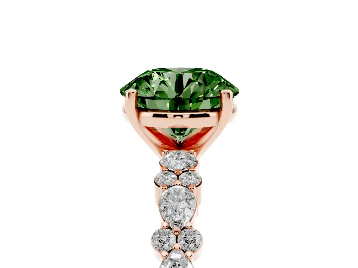 Fancy Green Round Cut Diamond Side Stone Solitaire Ring with Round and Four-Prong Setting Rose gold