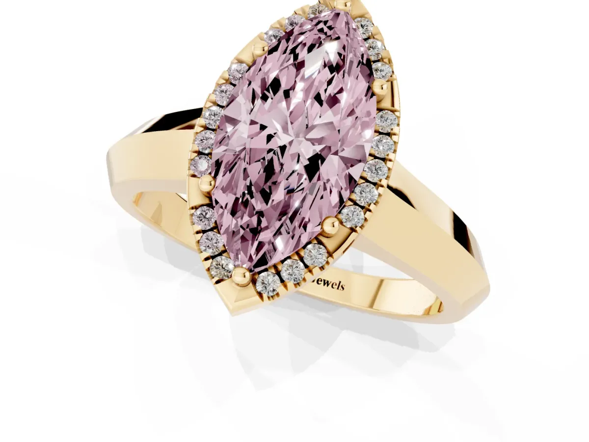 Fancy Pink Marquise Cut Halo Diamond Ring with Cathedral Band and Four-Prong Setting Yellow gold