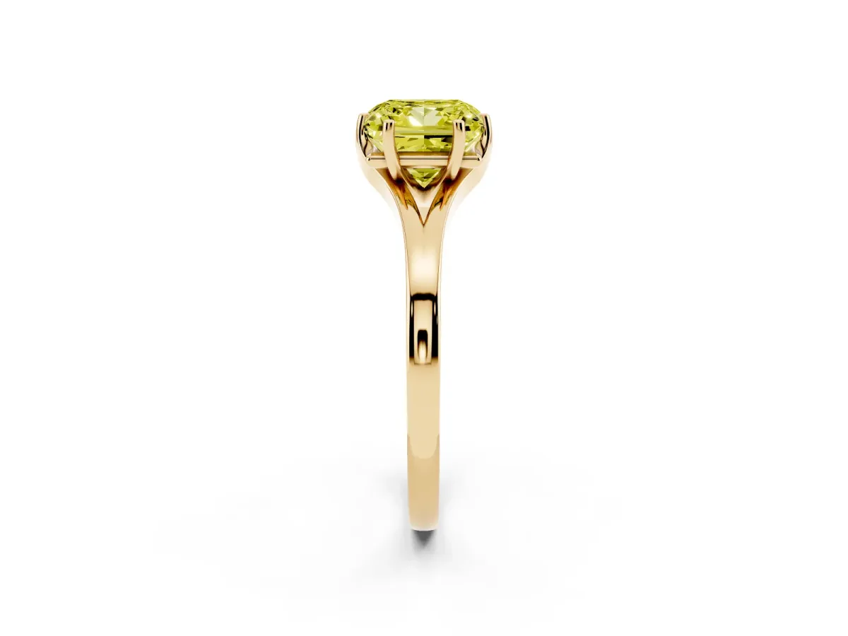 Fancy Yellow Princess Cut Solitaire Diamond Ring with Six-Prong Setting and Tapered Band Yellow gold