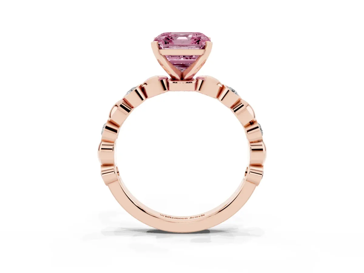 Fancy Pink Asscher Cut Solitaire Bezel-Set Diamond Ring with Beaded Band and Four-Prong Setting Rose gold