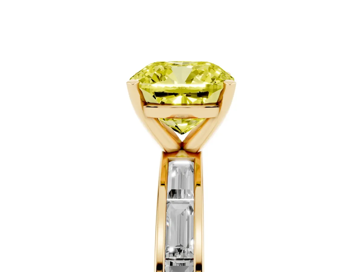 Fancy Yellow Cushion Cut Solitaire Diamond Ring with Channel-Set Baguette Band and Four-Prong Setting Yellow gold