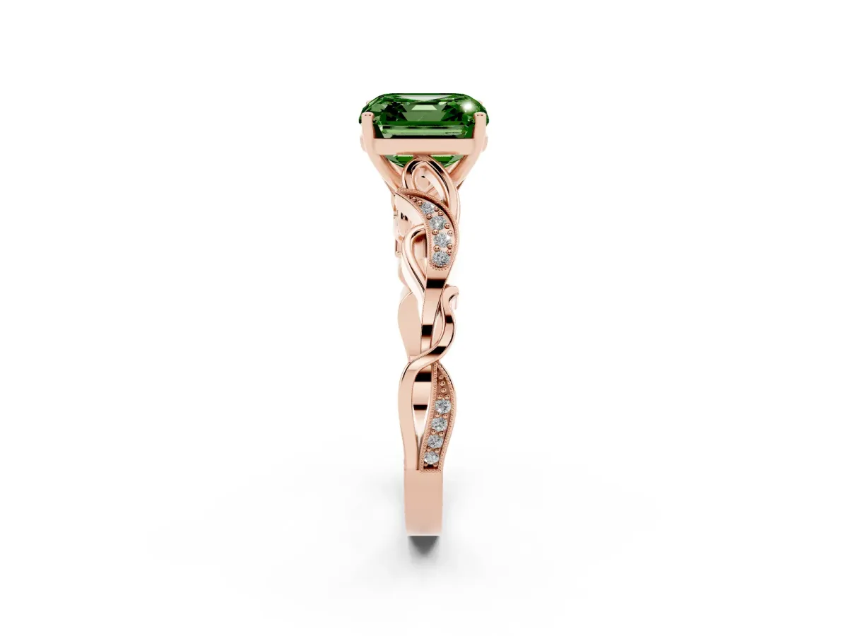 Fancy Green Asscher Cut Solitaire Vine Band with Milgrain Prong Setting Rose gold