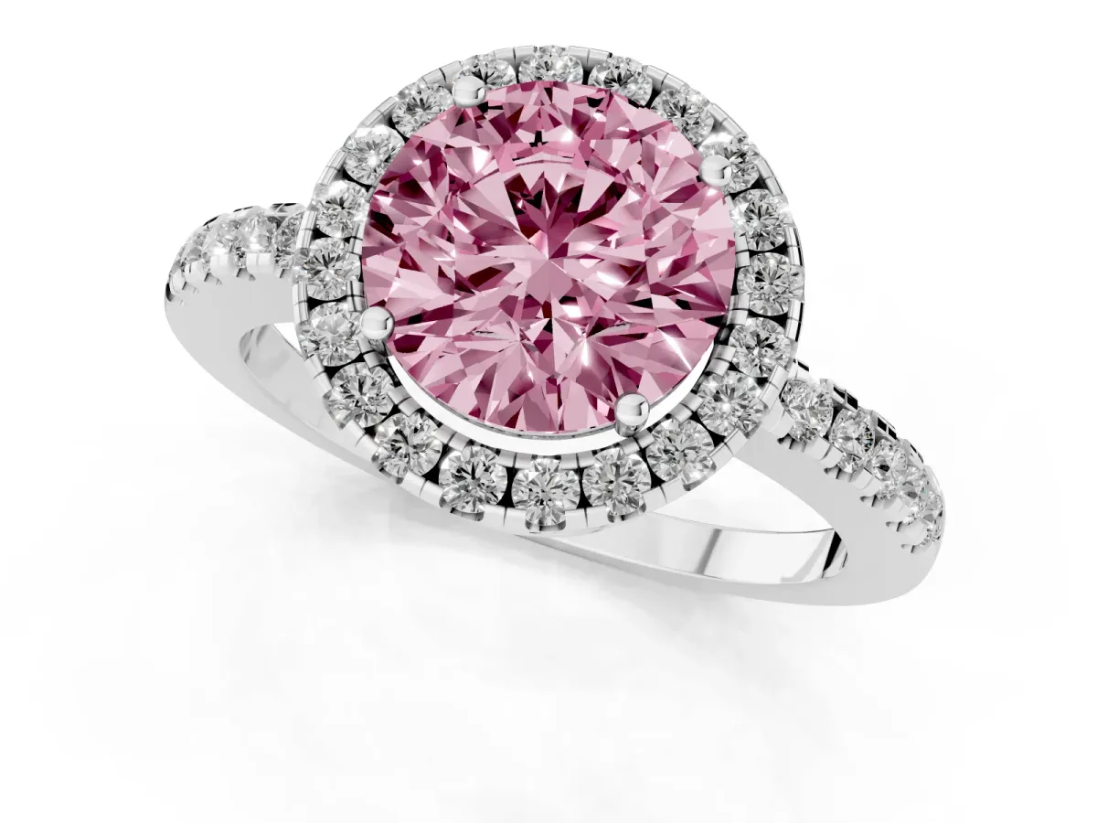 Fancy Pink Round Cut Halo Diamond Engagement Ring with Pavé Band and Four-Prong Setting Platinum
