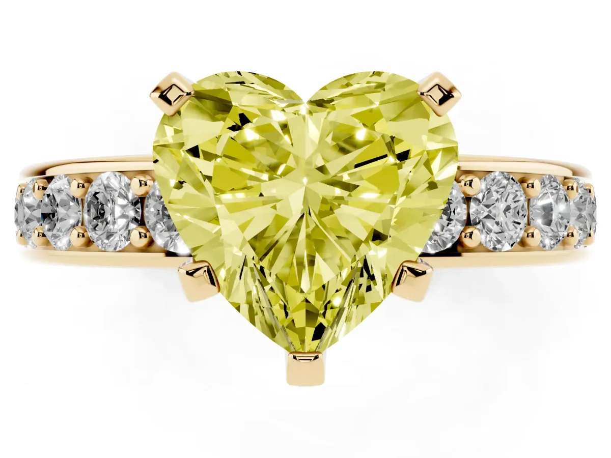 Fancy Yellow Heart Cut Diamond Engagement Ring with Channel Set Round Band and Prong Setting Yellow gold