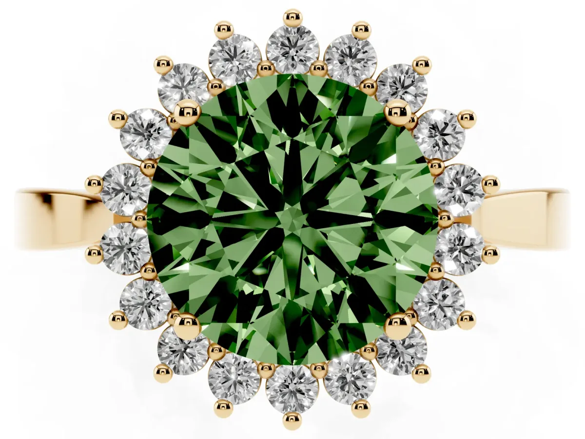 Fancy Green Round Cut Cut Diamond Halo Ring with Round Brilliant Halo and Solitaire Band Yellow gold