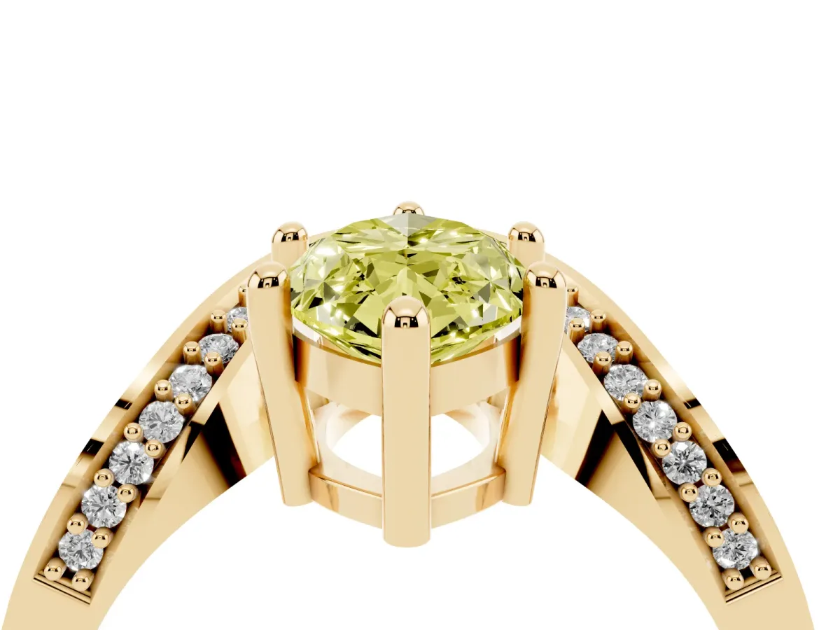Fancy Yellow Marquise Cut Solitaire Diamond Engagement Ring with Pave Band and Four-Prong Setting Yellow gold