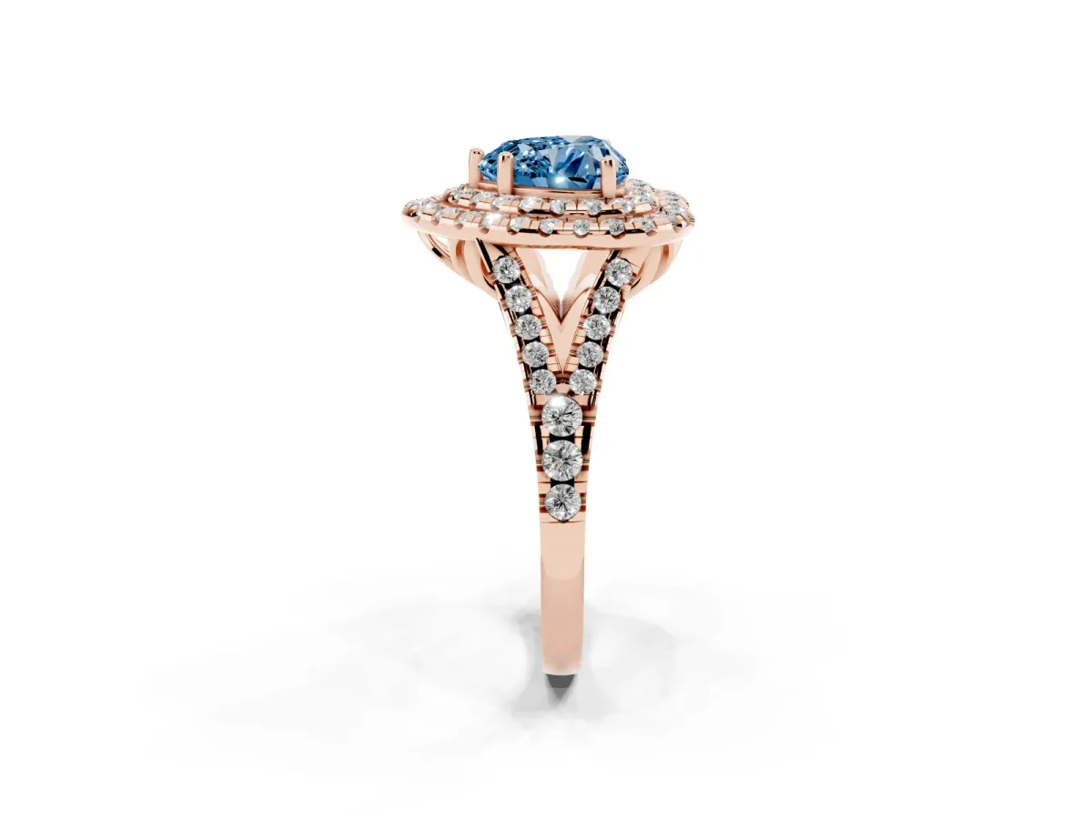 Fancy Blue Double Halo Heart Cut Diamond Pavé Split Shank Ring with Prong Setting Rose gold