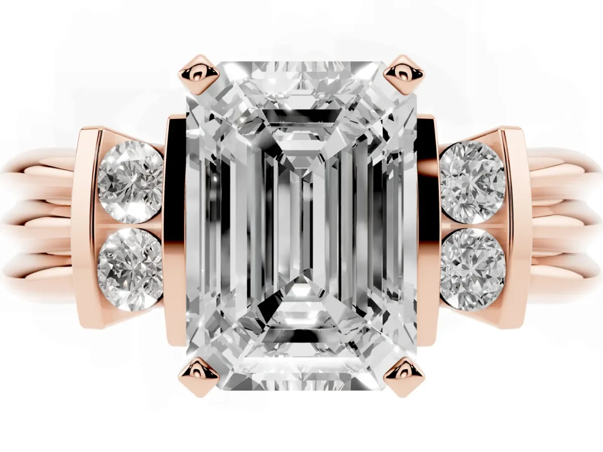 Emerald Cut Cut Three-Stone Channel Set Ring with Bar Prongs Rose gold