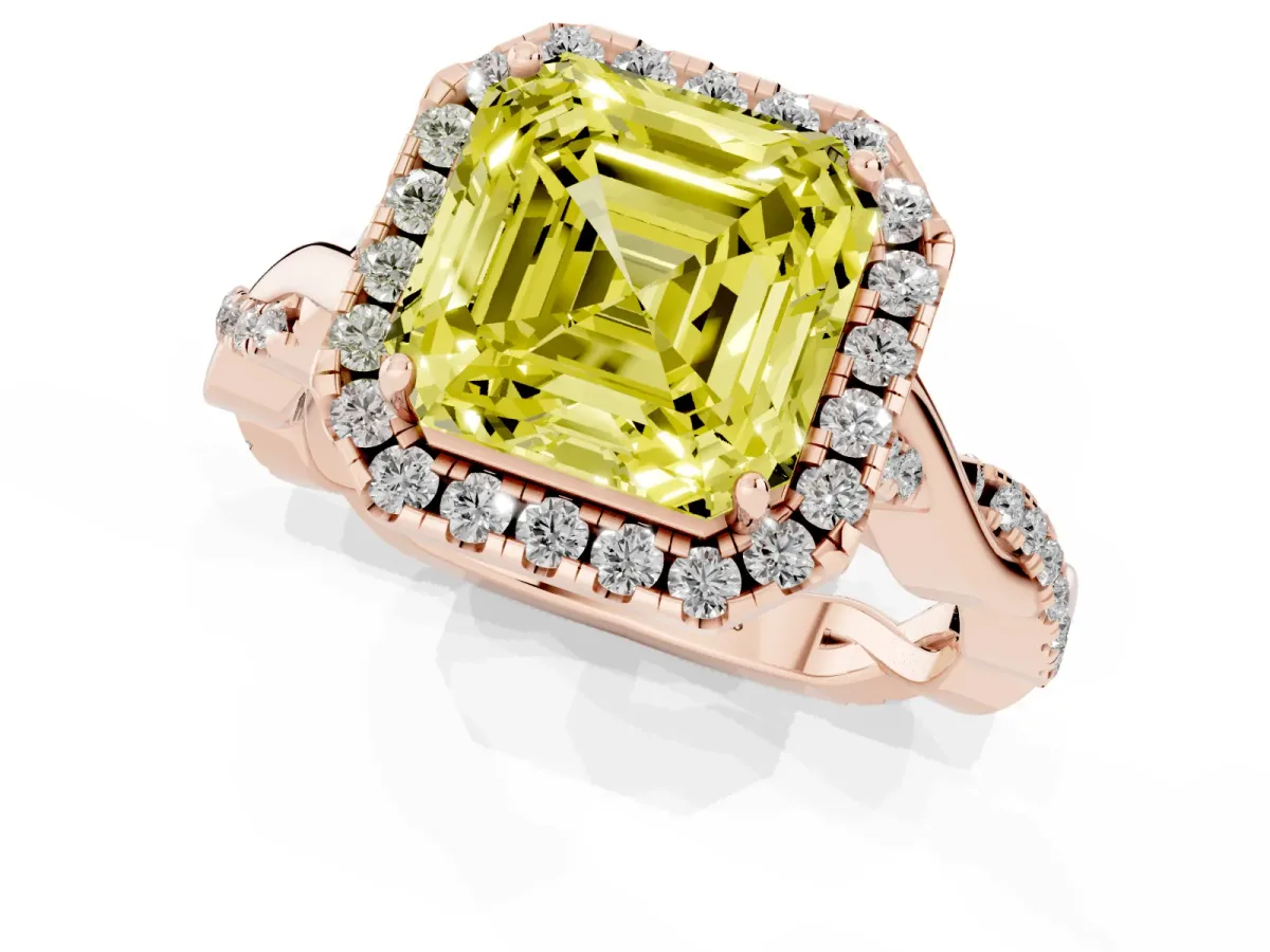 Fancy Yellow Asscher Cut Halo Twist Band Solitaire Ring Rose gold