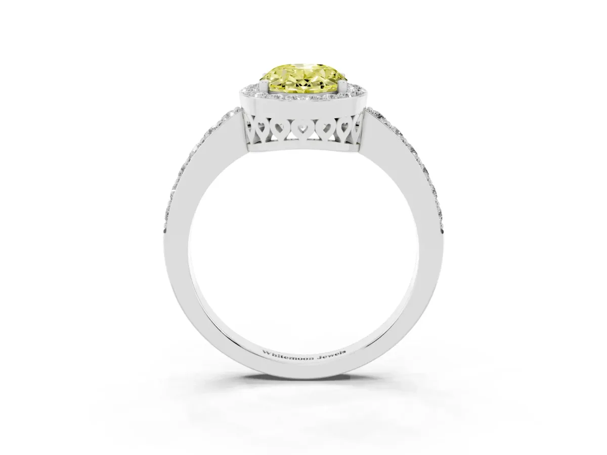 Fancy Yellow Oval Cut Halo Diamond Pavé Band Ring with Prong Setting Silver