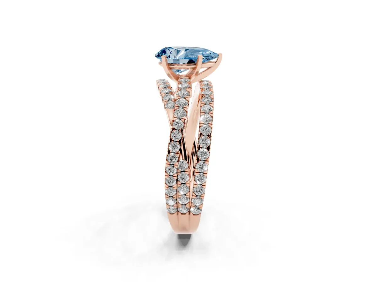 Fancy Blue Pear Cut Solitaire Twist Band with Pavé Setting and Four-Prong Setting Rose gold