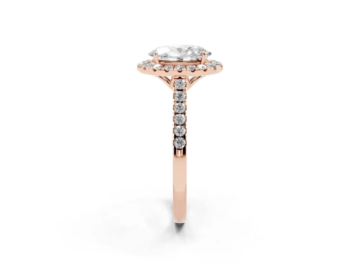Oval Cut Halo Pavé Diamond Engagement Ring with Four-Prong Setting Rose gold
