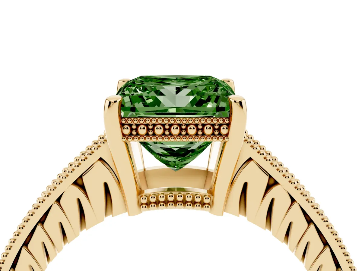 Fancy Green Princess Cut Solitaire Pavé Diamond Milgrain Engagement Ring with Four-Prong Setting Yellow gold