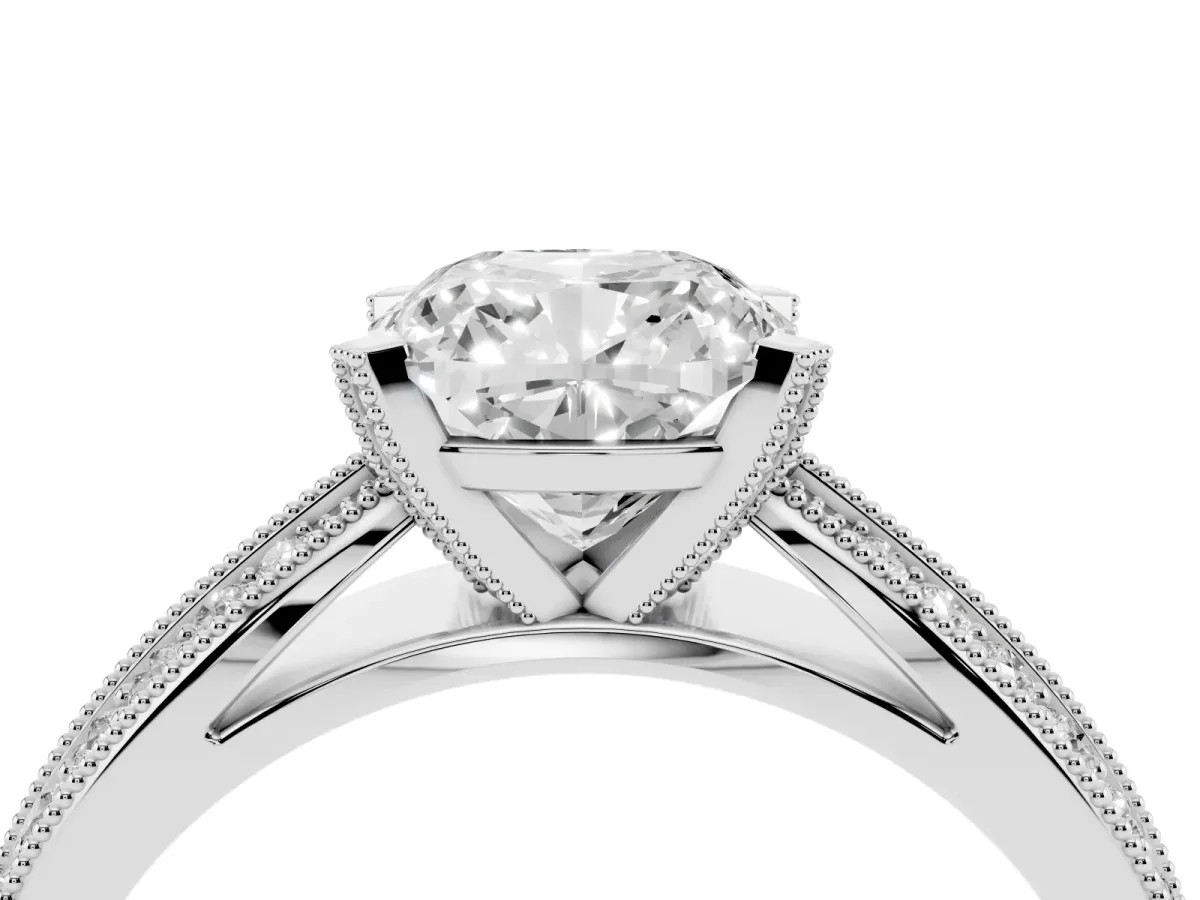 Cushion Cut Diamond Solitaire Ring with Milgrain Round Pavé Band and Prong Setting Silver