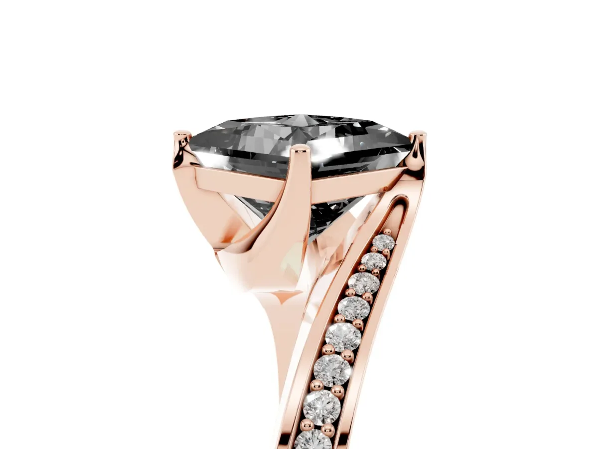 Fancy Black Princess Cut Solitaire Diamond Twist Band with Pavé Setting and Four-Prong Setting Rose gold