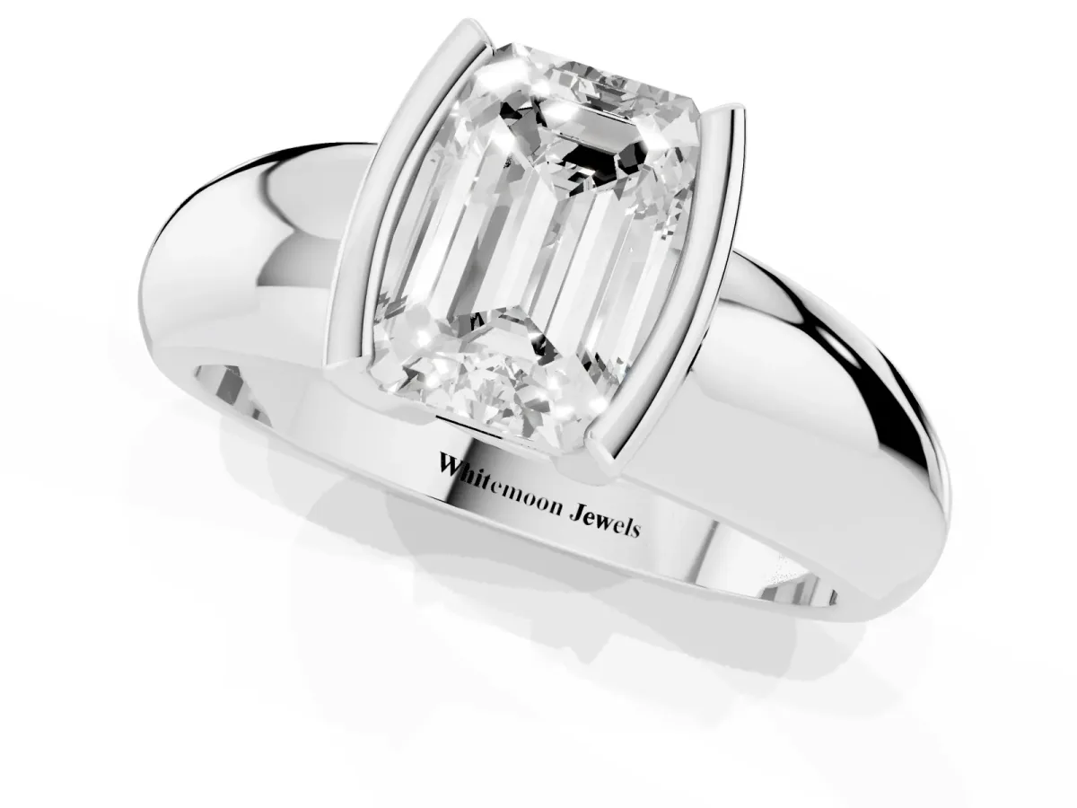 Emerald Cut Solitaire Tension Set Diamond Ring with Wide Band Silver
