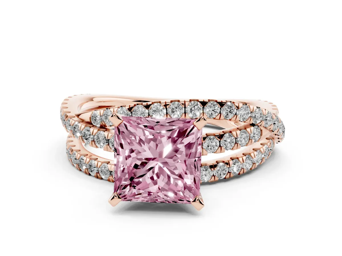 Fancy Pink Princess Cut Solitaire Twist Band with Pavé Setting and Four-Prong Setting Rose gold
