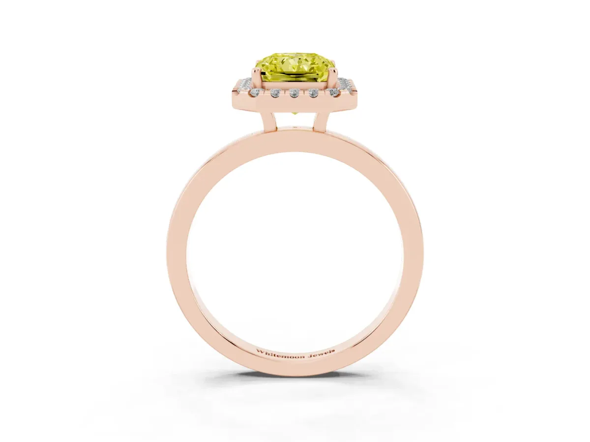 Fancy Yellow Radiant Cut Halo Diamond Solitaire with Pavé Band and Four-Prong Setting Rose gold