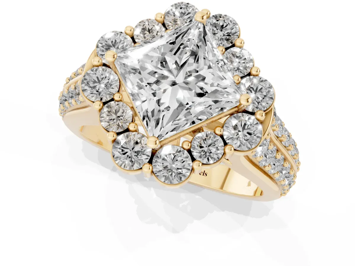 Princess Cut Halo Diamond Engagement Ring with Split Shank and Prong Setting Yellow gold