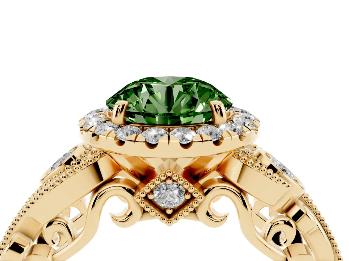 Fancy Green Round Cut Halo Diamond Ring with Milgrain and Bezel Accents on a Split Shank Band Yellow gold