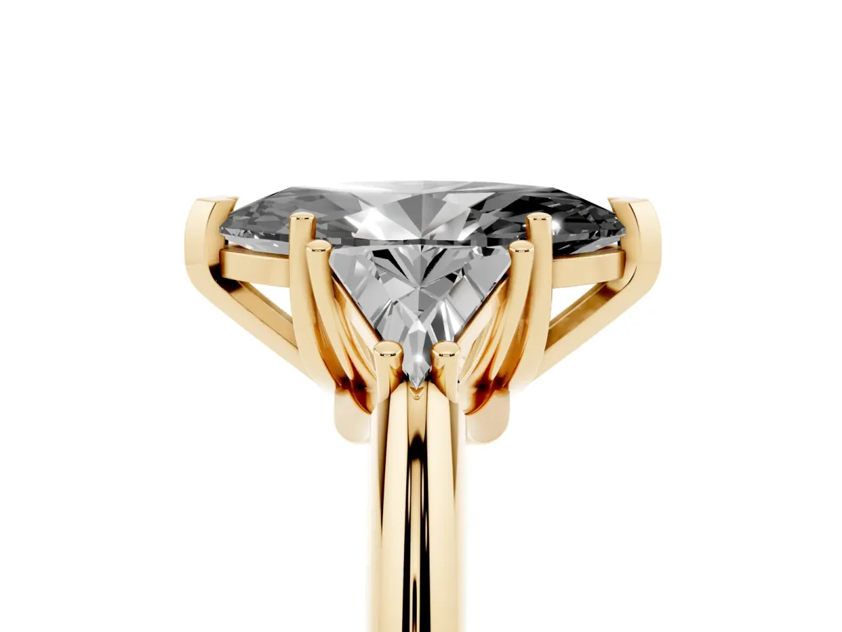 Fancy Black Three-Stone Marquise Cut Diamond Engagement Ring with Trillion Side Stones and Prong Setting Yellow gold
