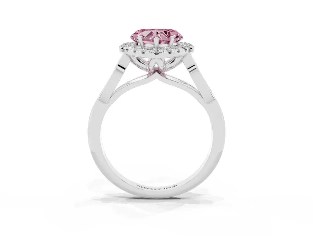 Fancy Pink Heart Cut Halo Diamond Engagement Ring with Filigree Band and Four-Prong Setting Platinum