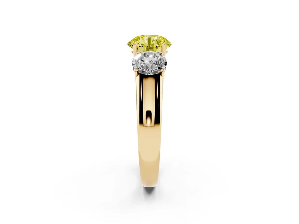 Fancy Yellow Three-Stone Round Cut Cut Diamond Ring with Prong Setting and Classic Band Yellow gold