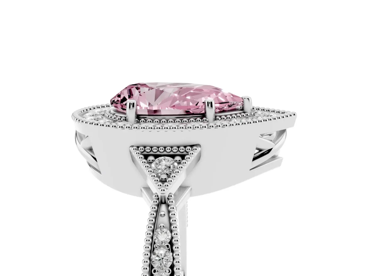 Fancy Pink Pear Cut Halo Round Diamond Milgrain Pave Engagement Ring Platinum