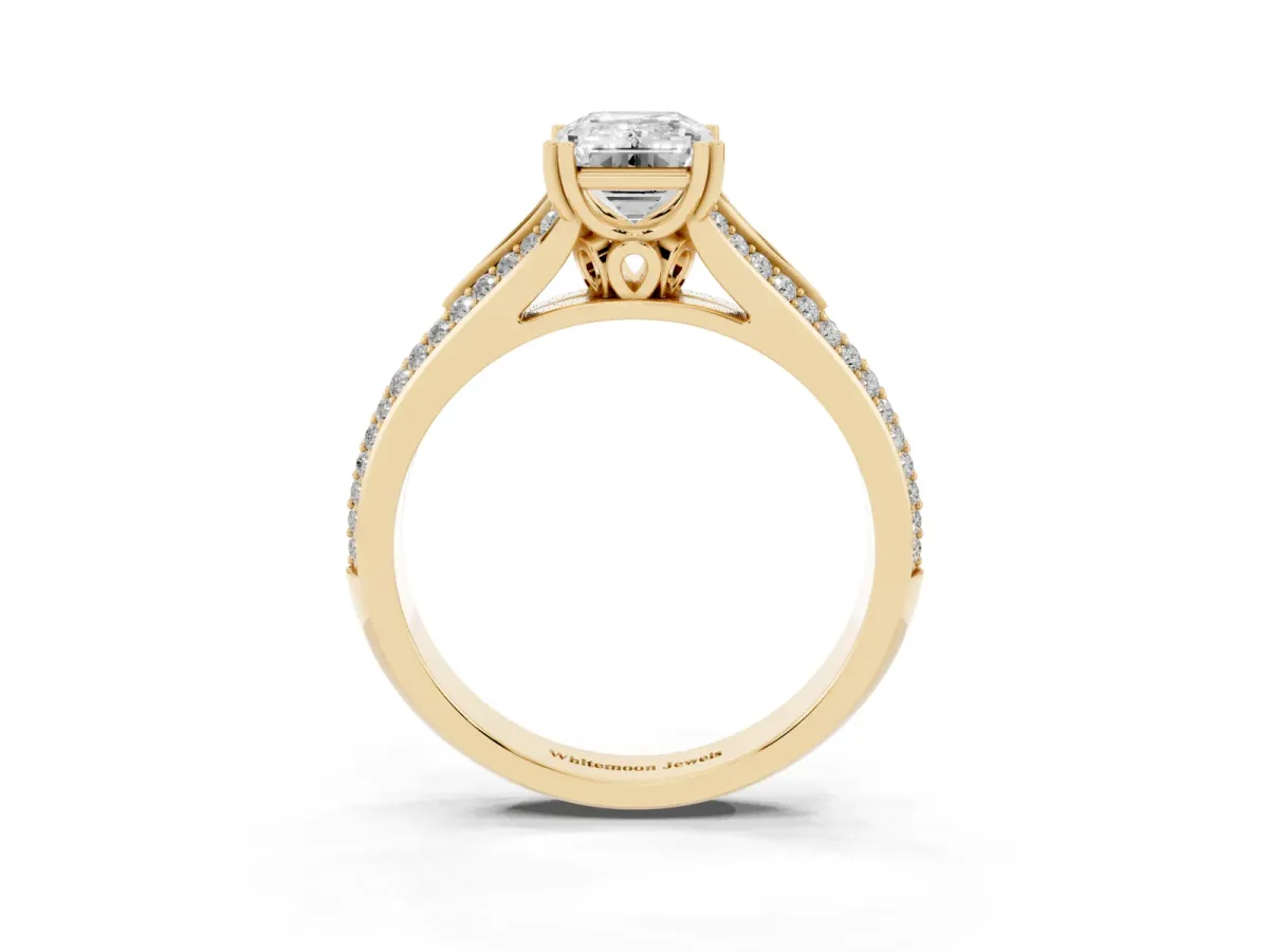Emerald Cut Diamond Split Shank Engagement Ring with Pavé Band Yellow gold