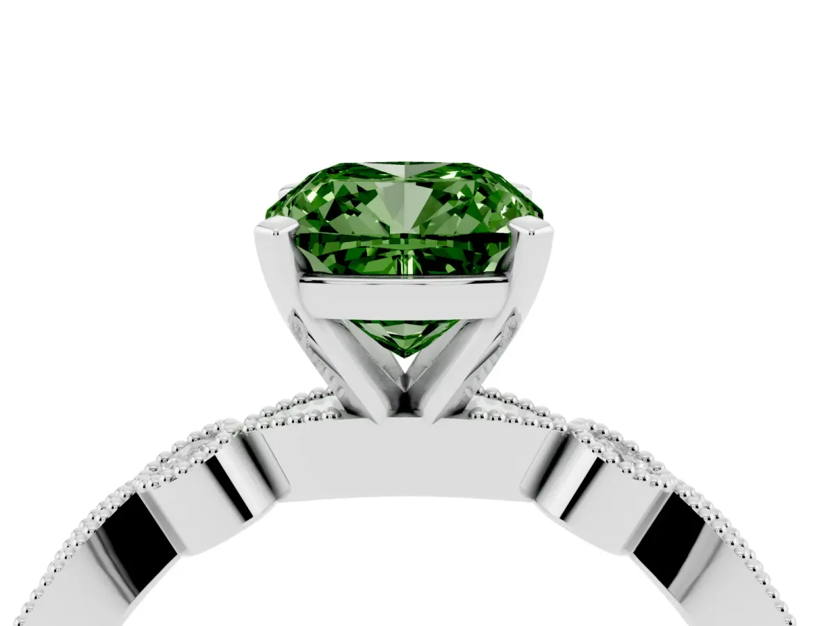 Fancy Green Cushion Cut Milgrain Bezel Diamond Engagement Ring with Solitaire Prong Setting Silver