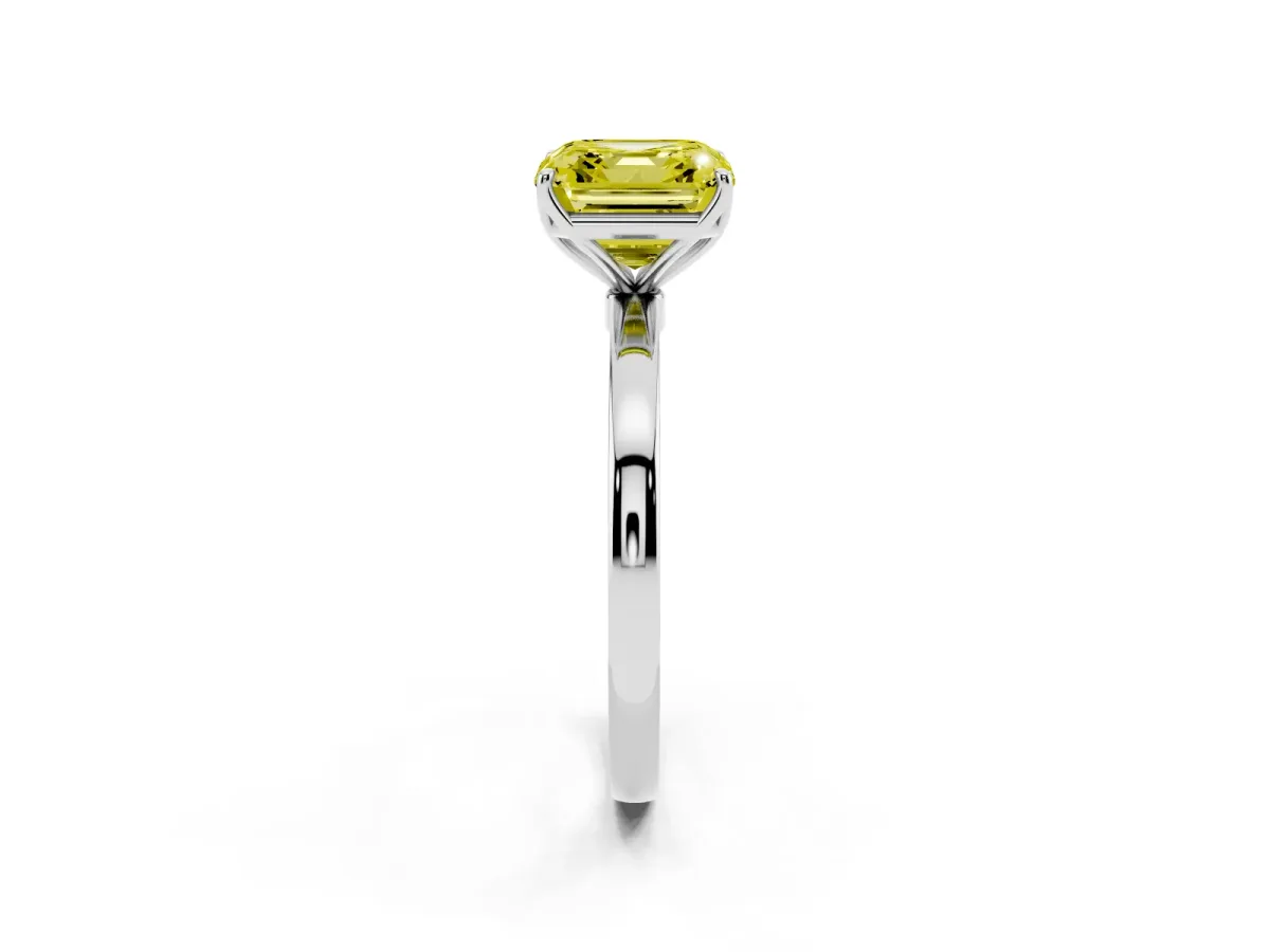 Fancy Yellow Asscher Cut Diamond Solitaire Ring with Thin Band and Prong Setting Silver