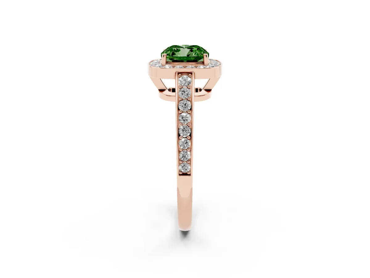 Fancy Green Cushion Cut Halo Pavé Diamond Engagement Ring with Bezel Setting Rose gold
