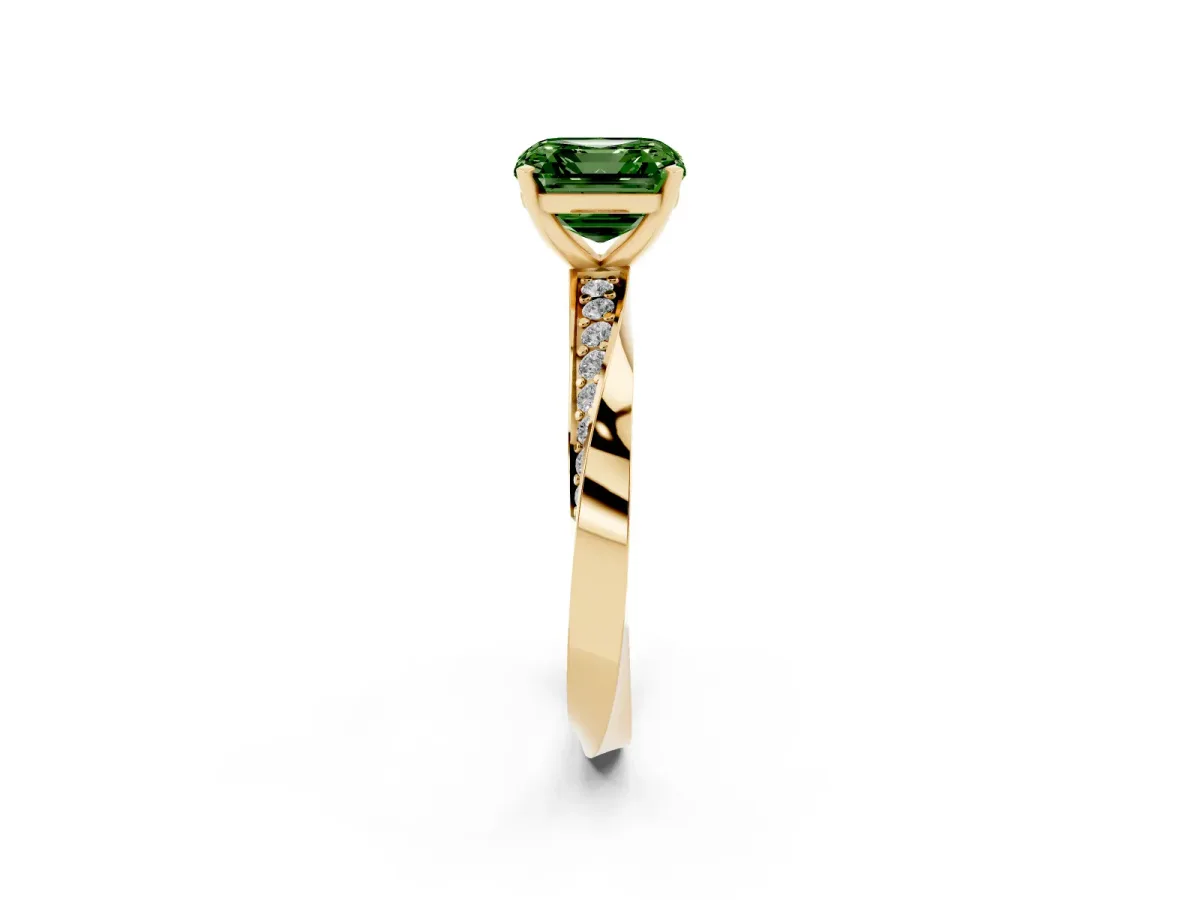 Fancy Green Asscher Cut Diamond Engagement Ring with Side Stone Accents and Four-Prong Setting Yellow gold