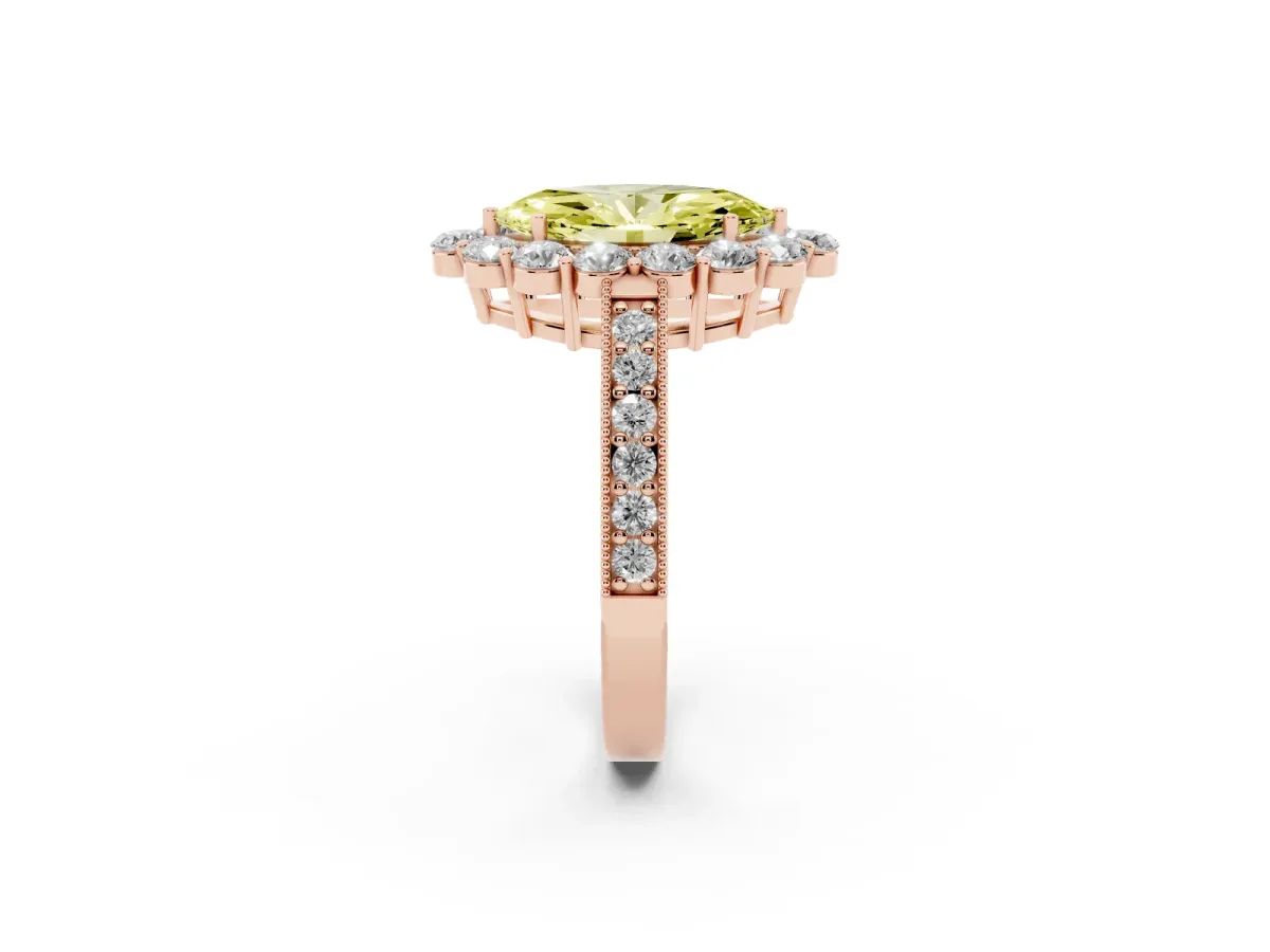 Fancy Yellow Marquise Cut Cut Halo Diamond Pavé Engagement Ring with Milgrain Detailing Rose gold